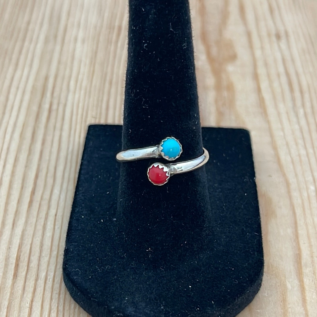 Adjustable Sleeping Beauty Turquoise & Coral Ring