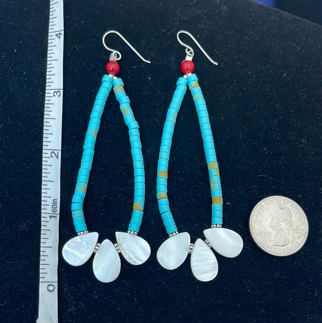 Turquoise Heishi Bead with Mother of Pearl Dangle Earrings