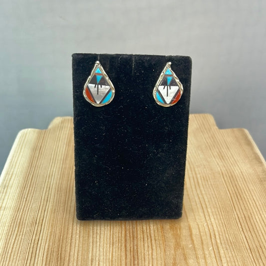 Mother of Pearl, Coral, Black Jet, and Turquoise Inlay in Post Earrings