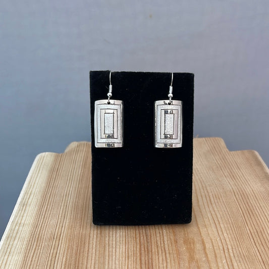 Silver Rectangles with Etching on Hook Earrings