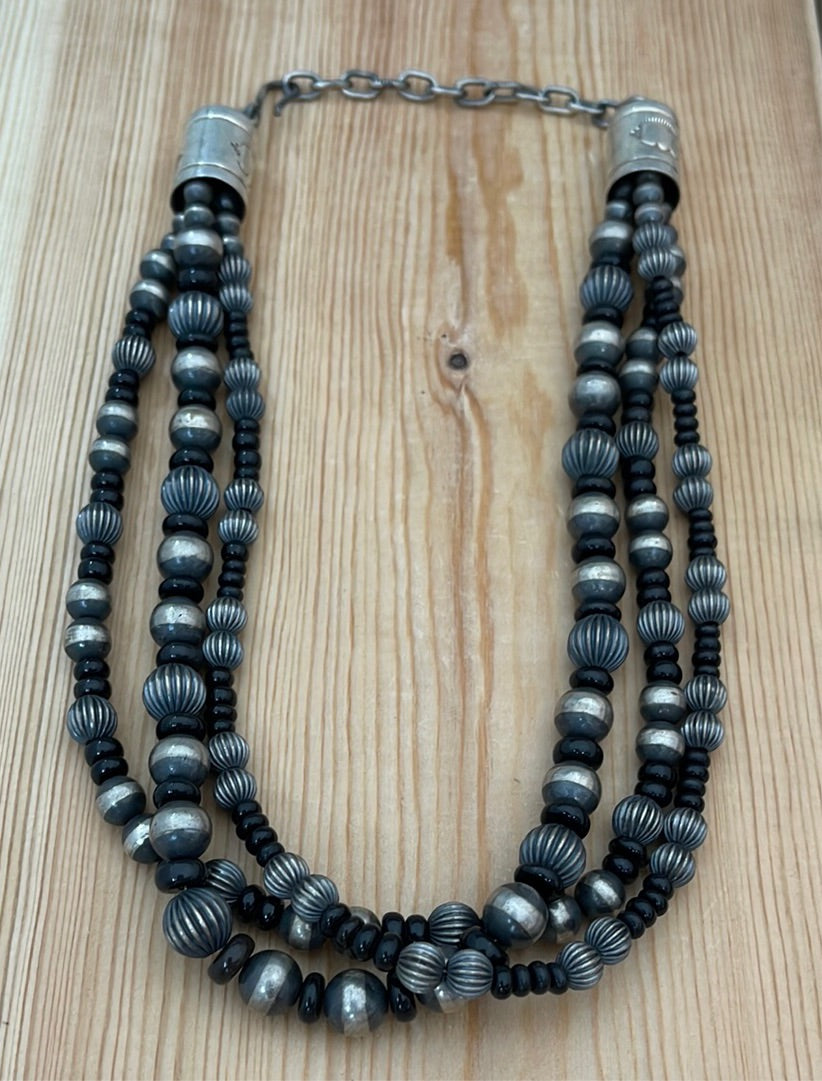 Navajo Pearl, Silver Beads and Black Onyx 16" Necklace