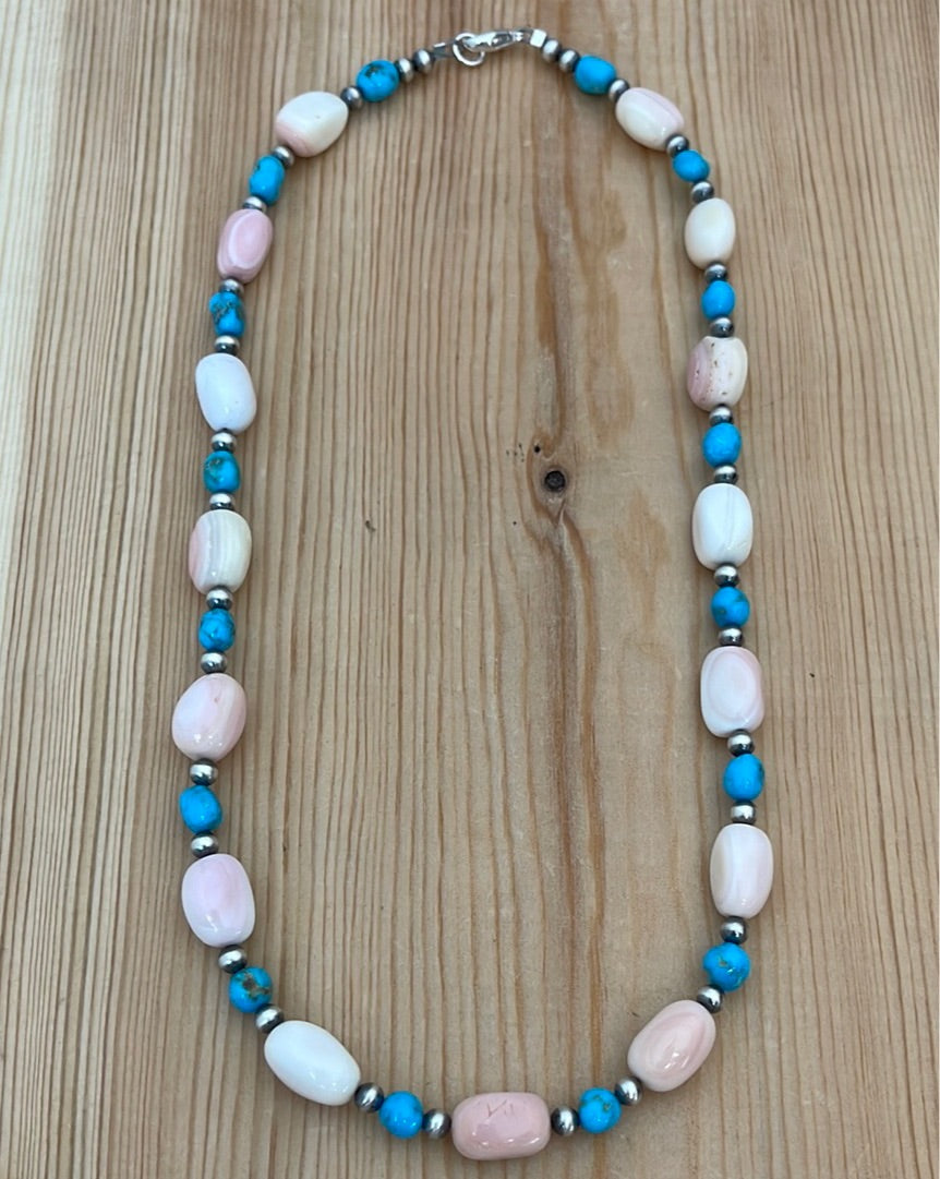 Pink Conch Shell Barrel Bead with Turquoise 18" Necklace
