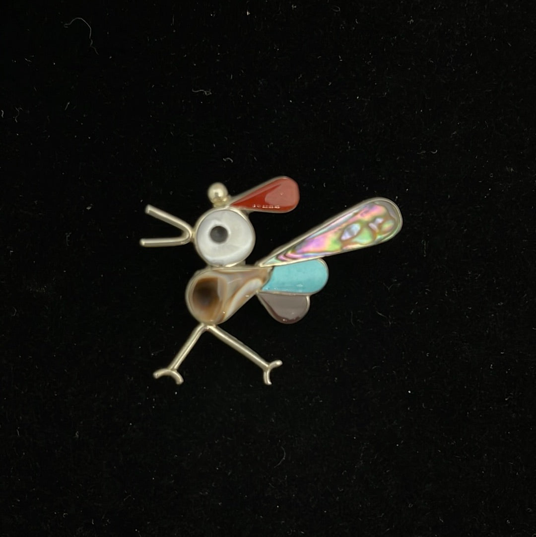 Mother of Pearl, Coral, Black Jet, and Sleeping Beauty Turquoise Inlay on a Roadrunner Pin/Brooch/Pendant