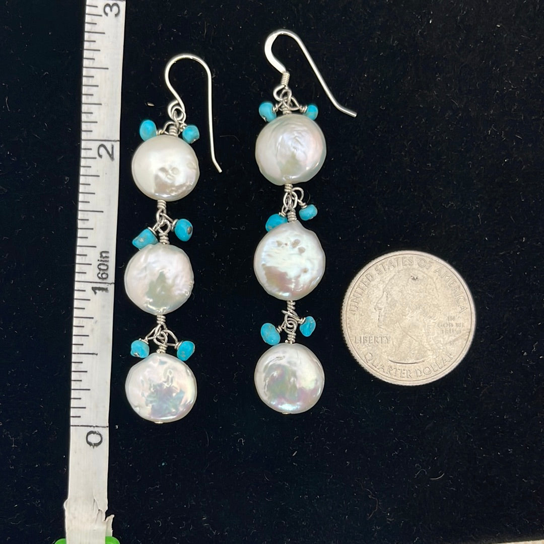 Freshwater Coin Pearl & Sleeping Beauty Turquoise Hook Earrings