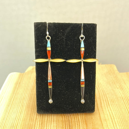 Sleeping Beauty Turquoise, Mother of Pearl, Coral, and Black Jet in Cross Hook Earrings