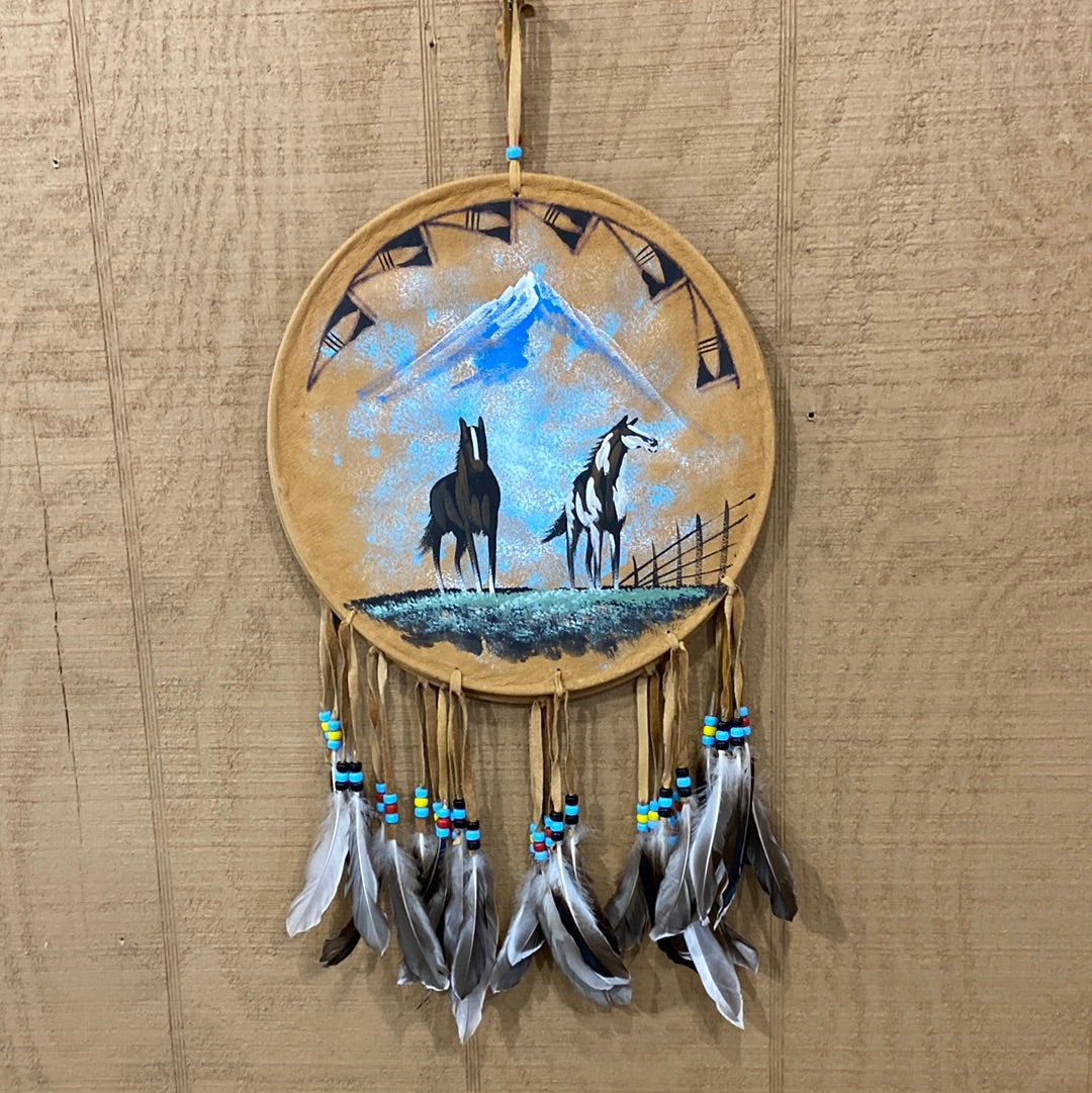 Hand painted leather shield dream catcher 12"