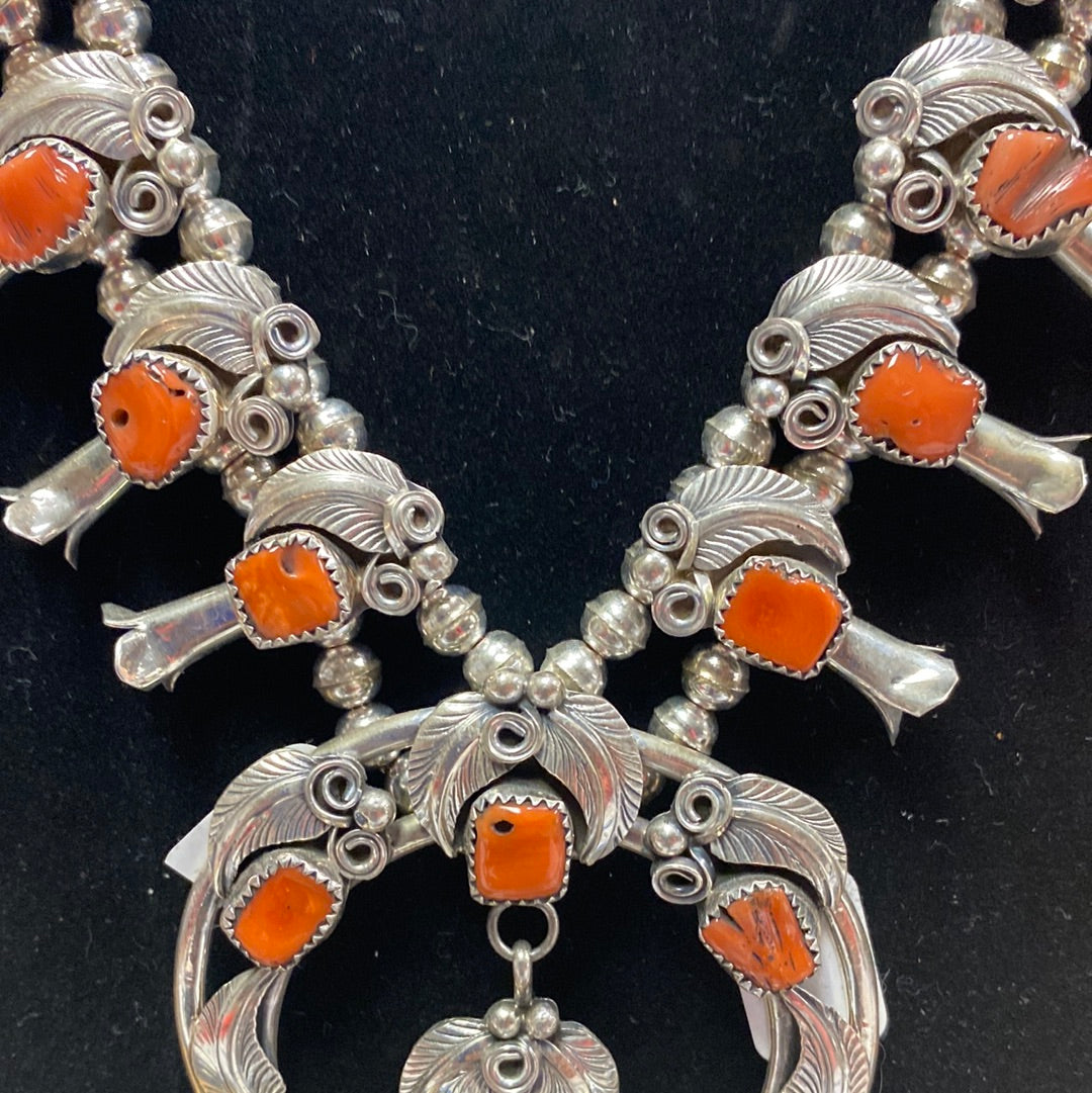Native American made red coral squash blossom necklace with matching earrings