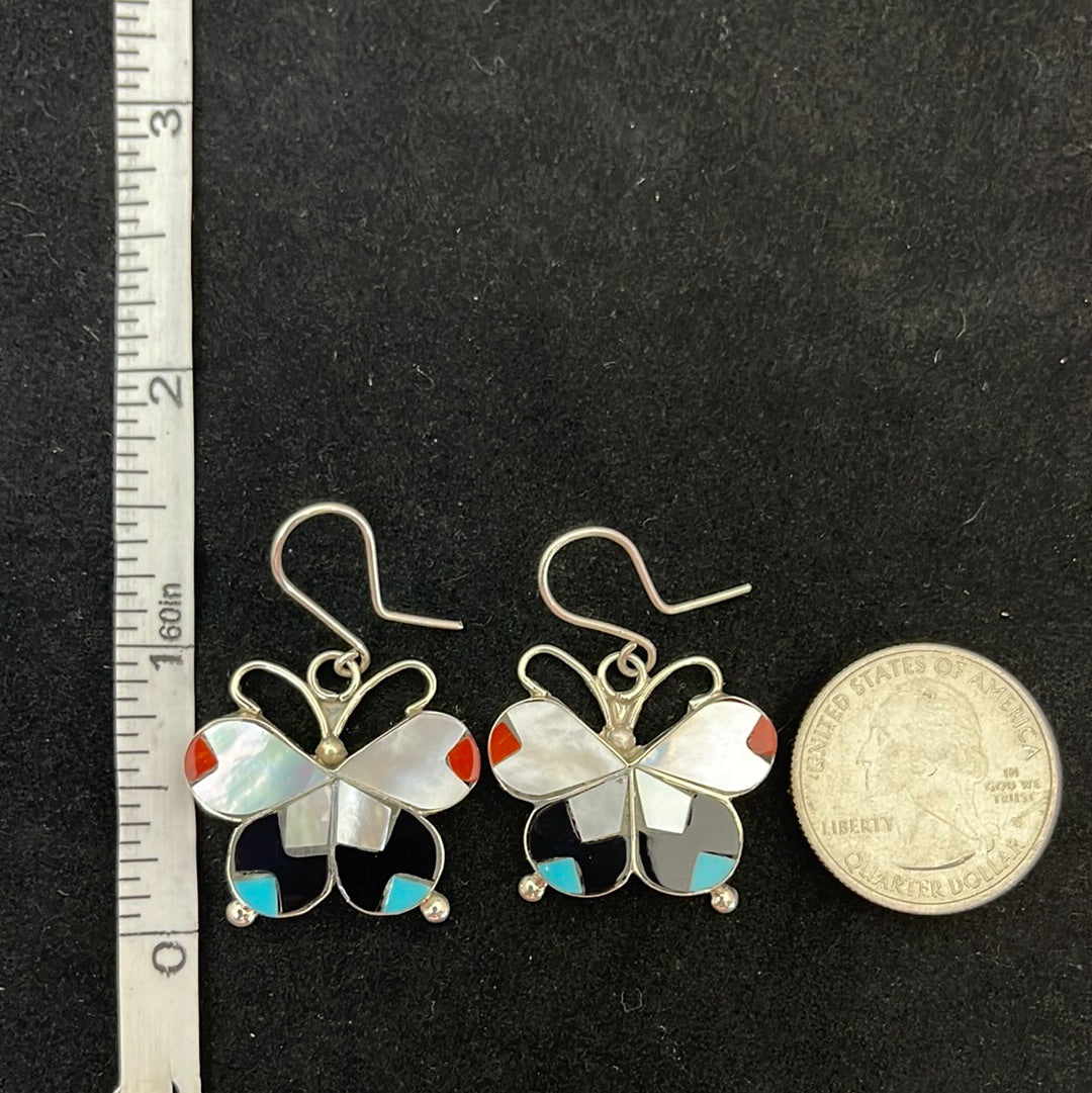 Mother of Pearl, Black Jet, Turquoise and Coral Butterfly Hook Earrings