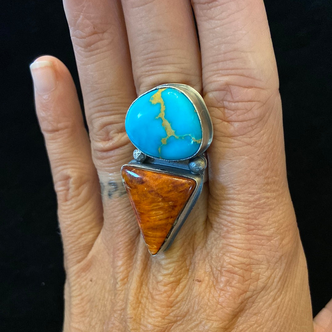 White Water Turquoise & Spiny Oyster Adjustable Ring