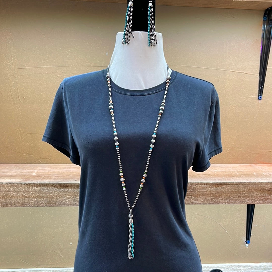 Navajo Pearl Tassel 36” Multi-Stone Necklace & Earring Set