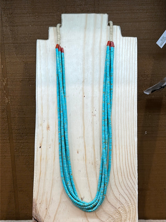 Vintage 5 Strand Turquoise & Coral Santo Domingo Necklace