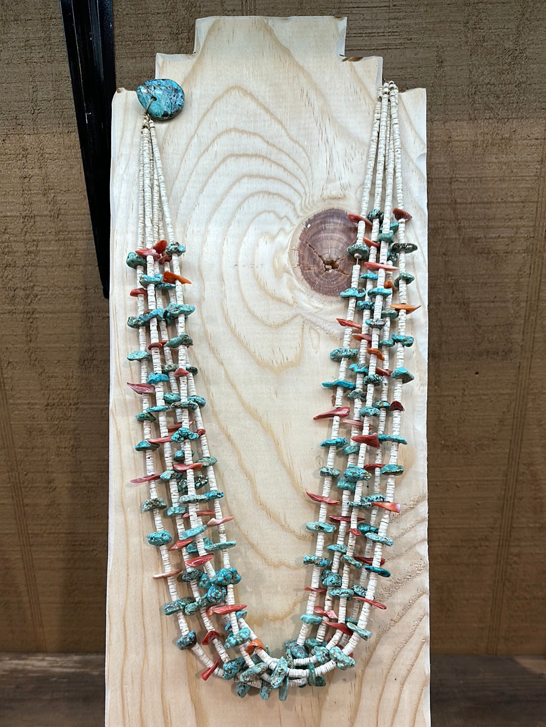 Vintage 5 Strand Clam Shell Turquoise Coral Santo Domingo Necklace