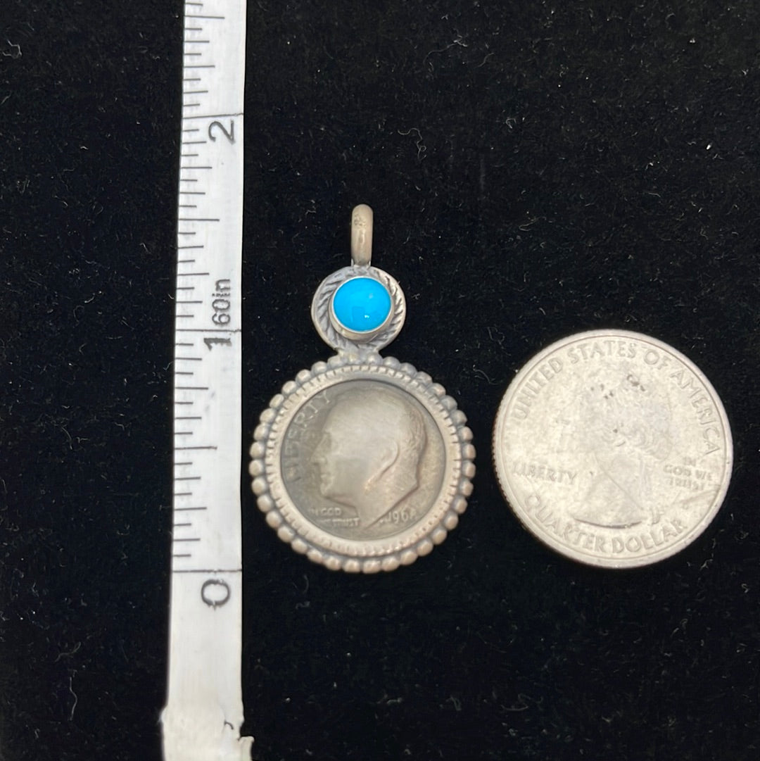 1968 Jefferson Dime with Sleeping Beauty Turquoise Pendant