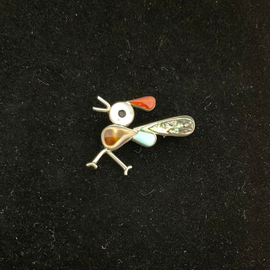 Abalone Shell, Mother of Pearl, Coral, Black Jet, and Sleeping Beauty Turquoise Inlay on a Roadrunner Pin/Brooch/Pendant