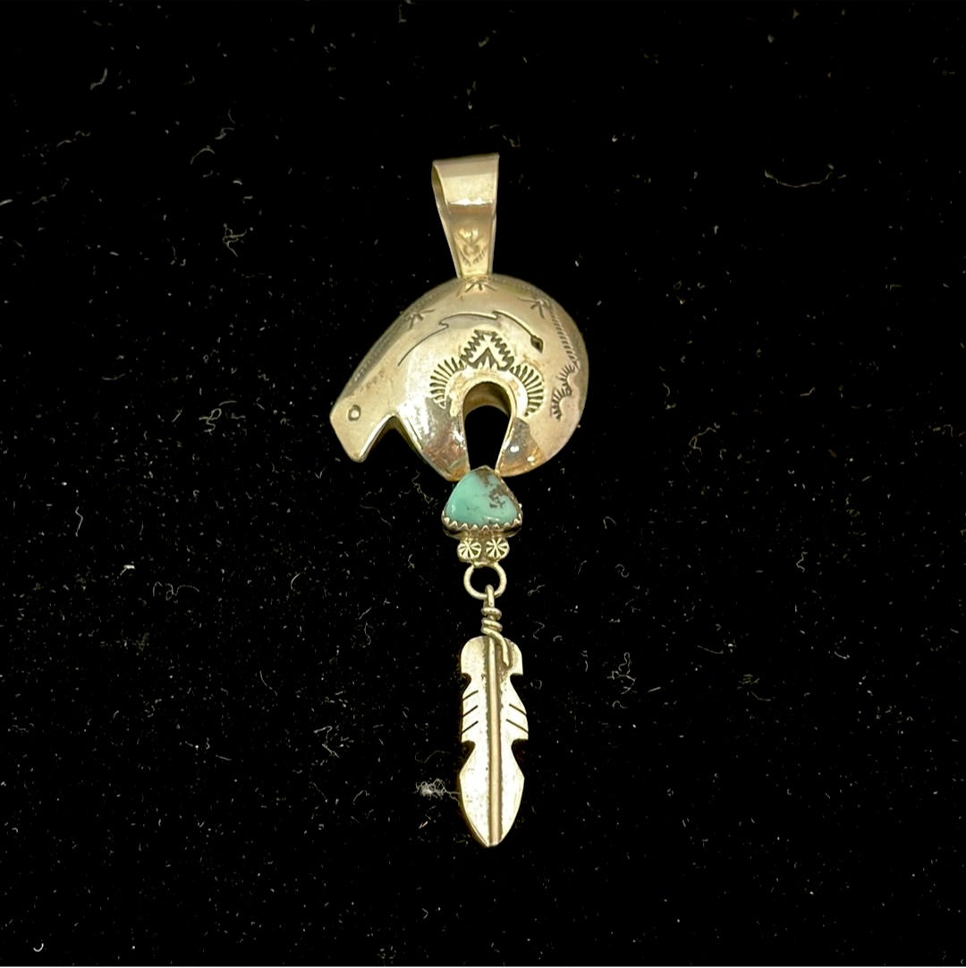 Kingman Turquoise Bear Pendant with Dangling Feather