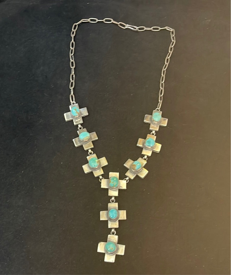 Vintage Cross and Turquoise Lariat 24" Necklace