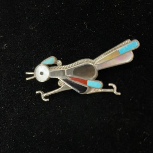 Mother of Pearl, Coral, Black Jet, and Sleeping Beauty Turquoise Inlay on a Roadrunner Pin/Brooch/Pendant