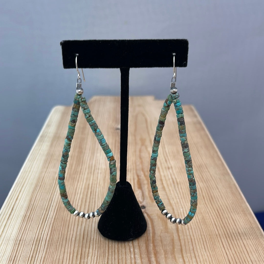 Green Turquoise Heishi Bead with Navajo Pearls Teardrop Shape Earrings