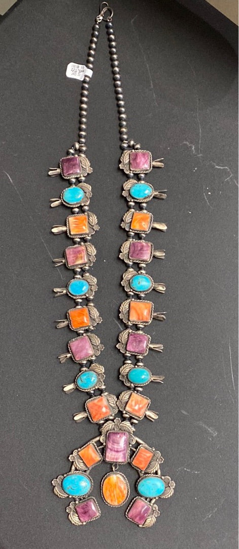Squash blossom necklace with orange and purple spiney oyster and turquoise