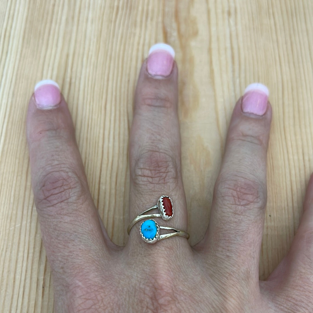 Sleeping Beauty Turquoise & Coral Adjustable Ring