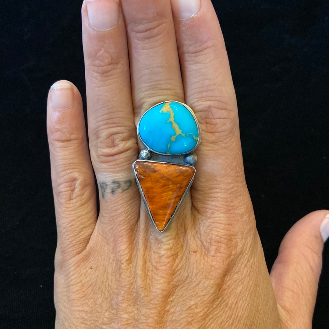 White Water Turquoise & Spiny Oyster Adjustable Ring