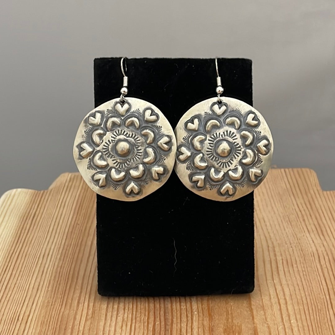 Silver Rounds with Stamp Hook Earrings