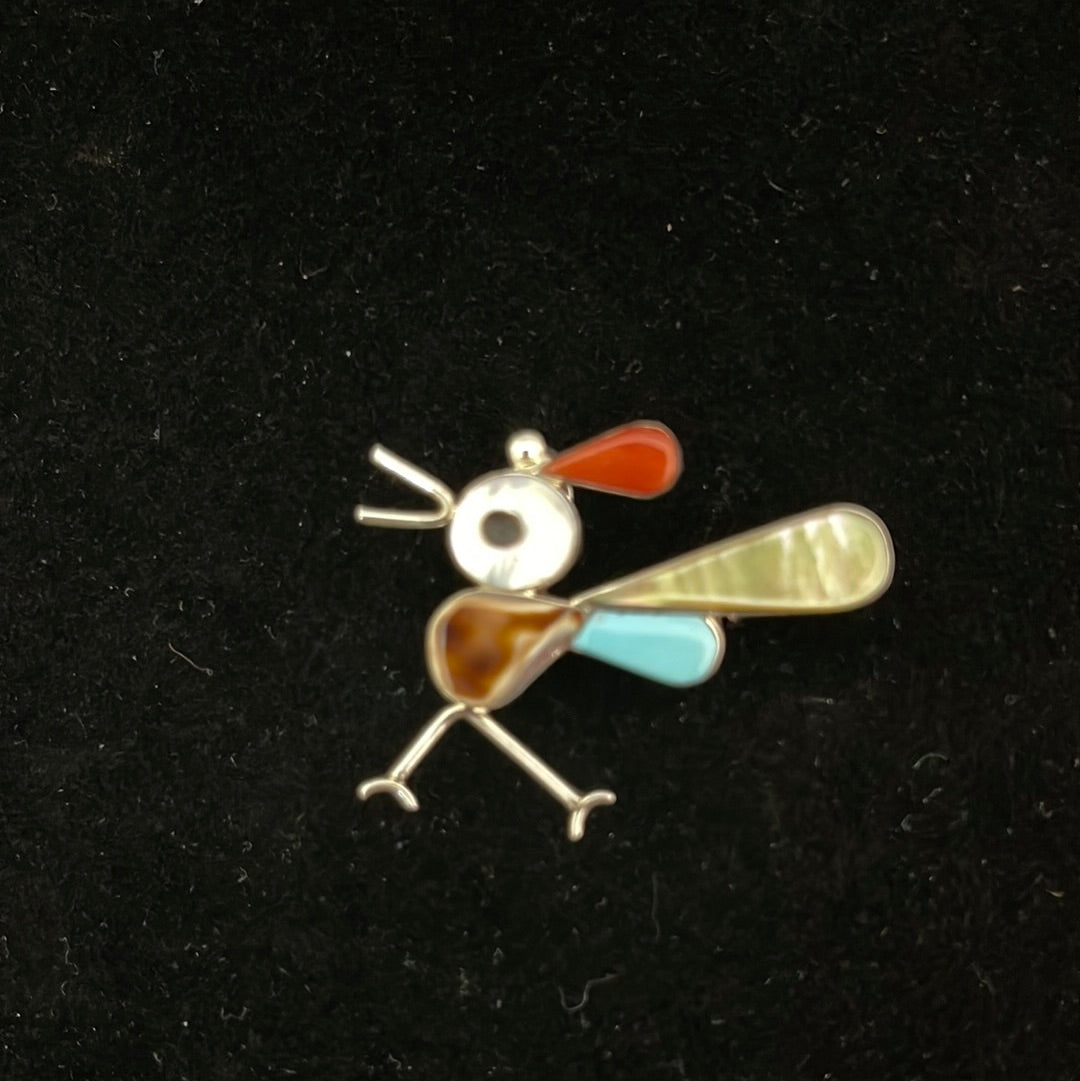 Mother of Pearl, Coral, Black Jet, and Sleeping Beauty Turquoise Inlay on a Roadrunner Pin/Brooch/Pendant