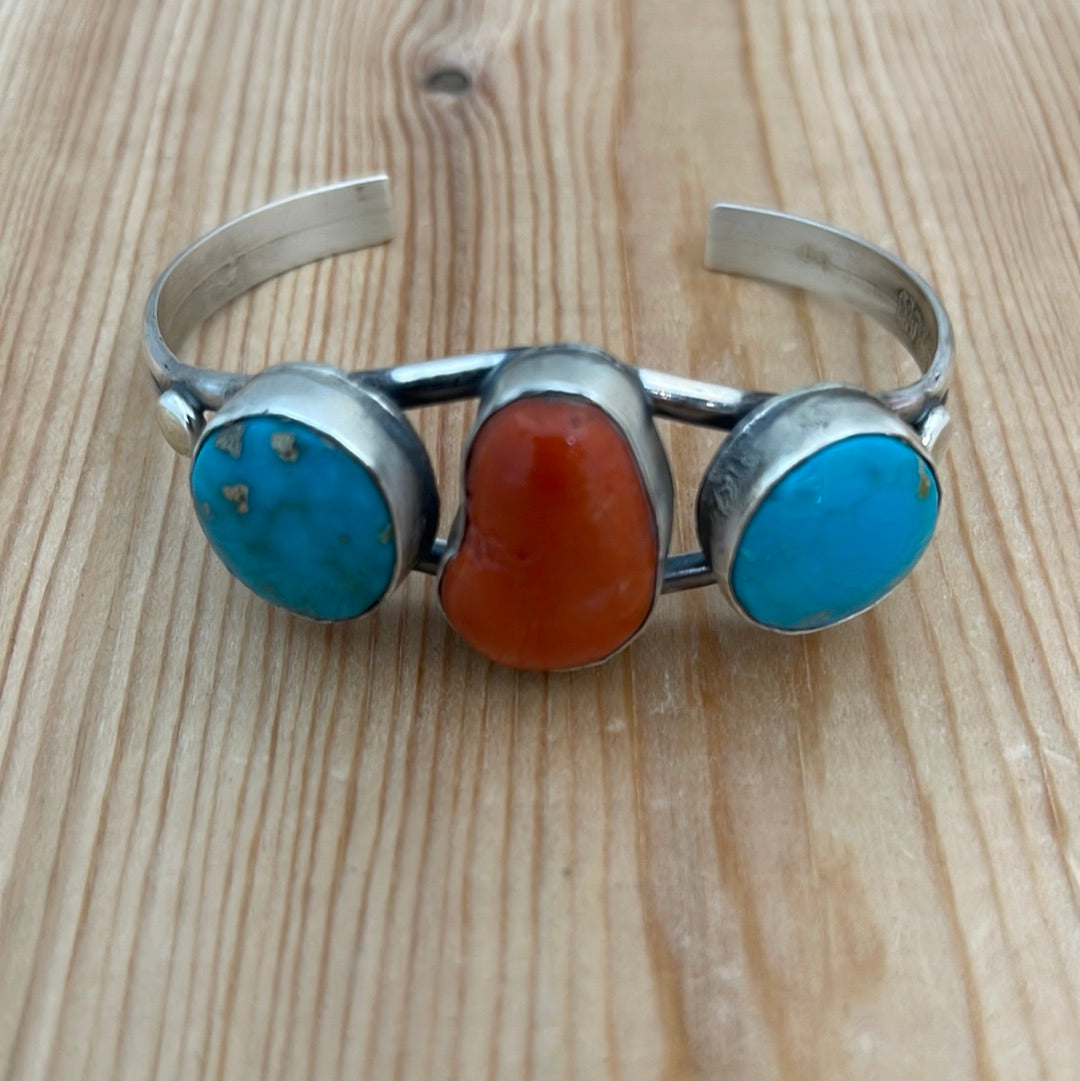 6" - 7" Cripple Creek Turquoise & Coral Cuff Bracelet