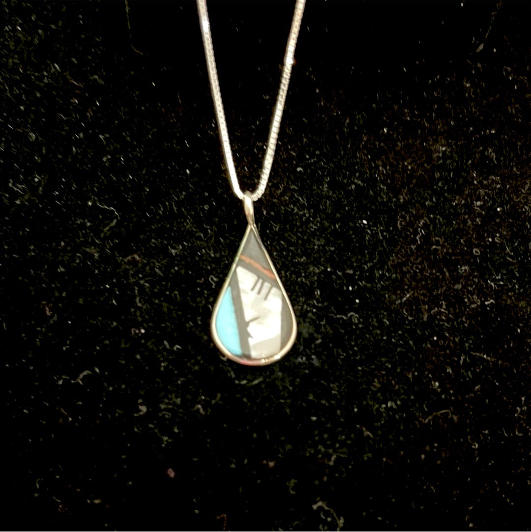 Inlay Zuni Teardrop Pendant with Silver 18 Inch Silver Necklace