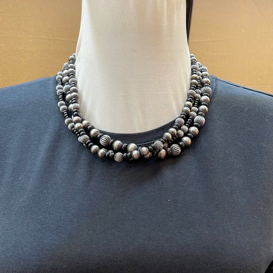 Navajo Pearl, Silver Beads and Black Onyx 16" Necklace