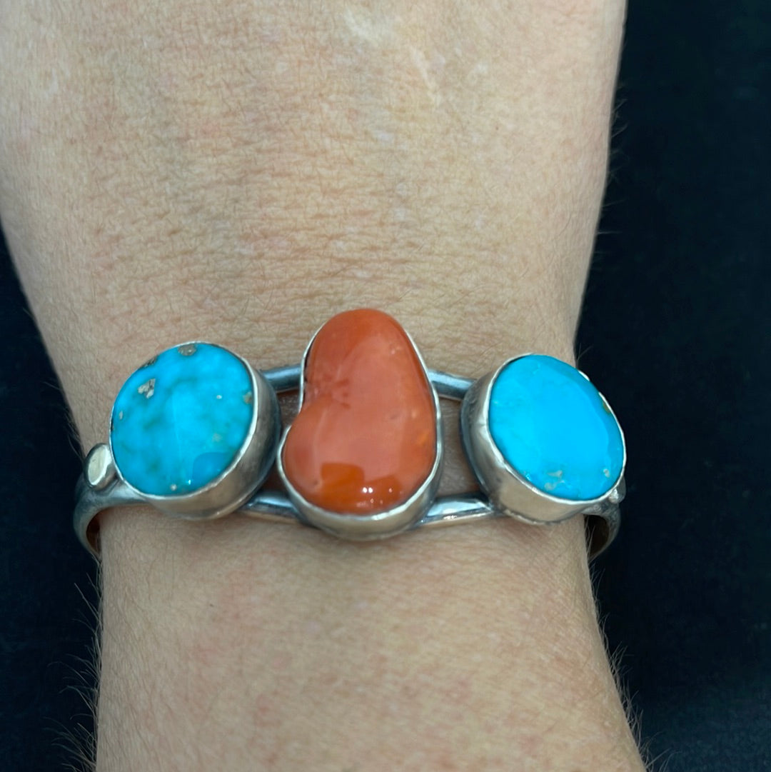 6" - 7" Cripple Creek Turquoise & Coral Cuff Bracelet