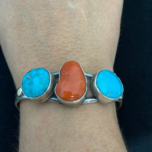 6" - 7" Cripple Creek Turquoise & Coral Cuff Bracelet