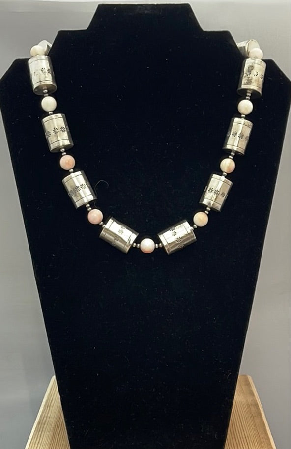 Cotton Candy and Stamped Silver Barrel Beads (Pink Conch Shell) 21” Necklace