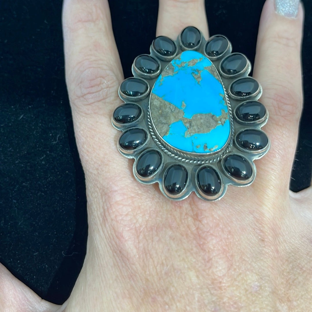 Kingman Turquoise and Onyx Adjustable Ring