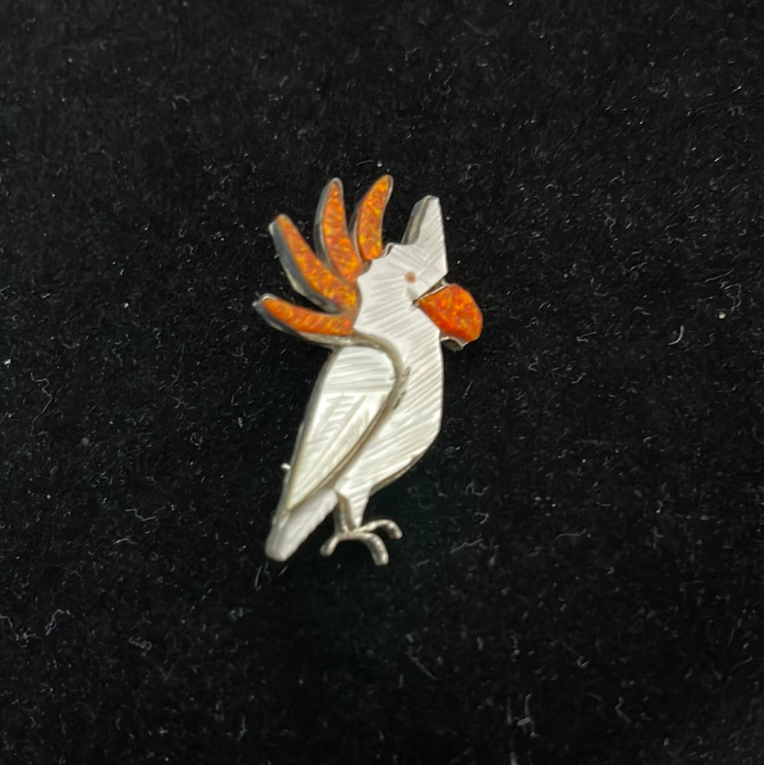 Citron-Crested Cockatoo Mother of Pearl, Orange Opal Inlay in Pin/Pendant
