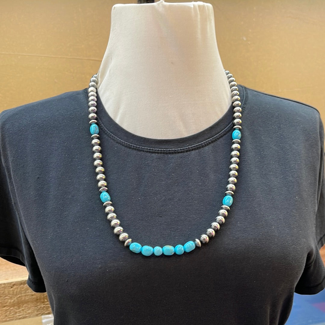 8mm Navajo Pearls with Sleeping Beauty Turquoise 26" Necklace