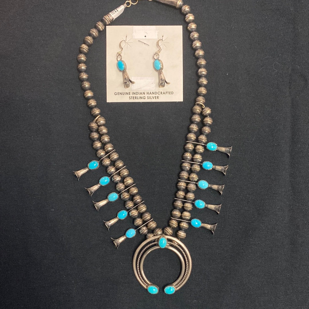 Native American made turquoise squash blossom and matching earring set