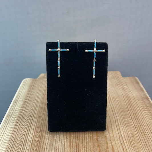 Zuni Needlepoint Sleeping Beauty Turquoise Cross Post Earrings