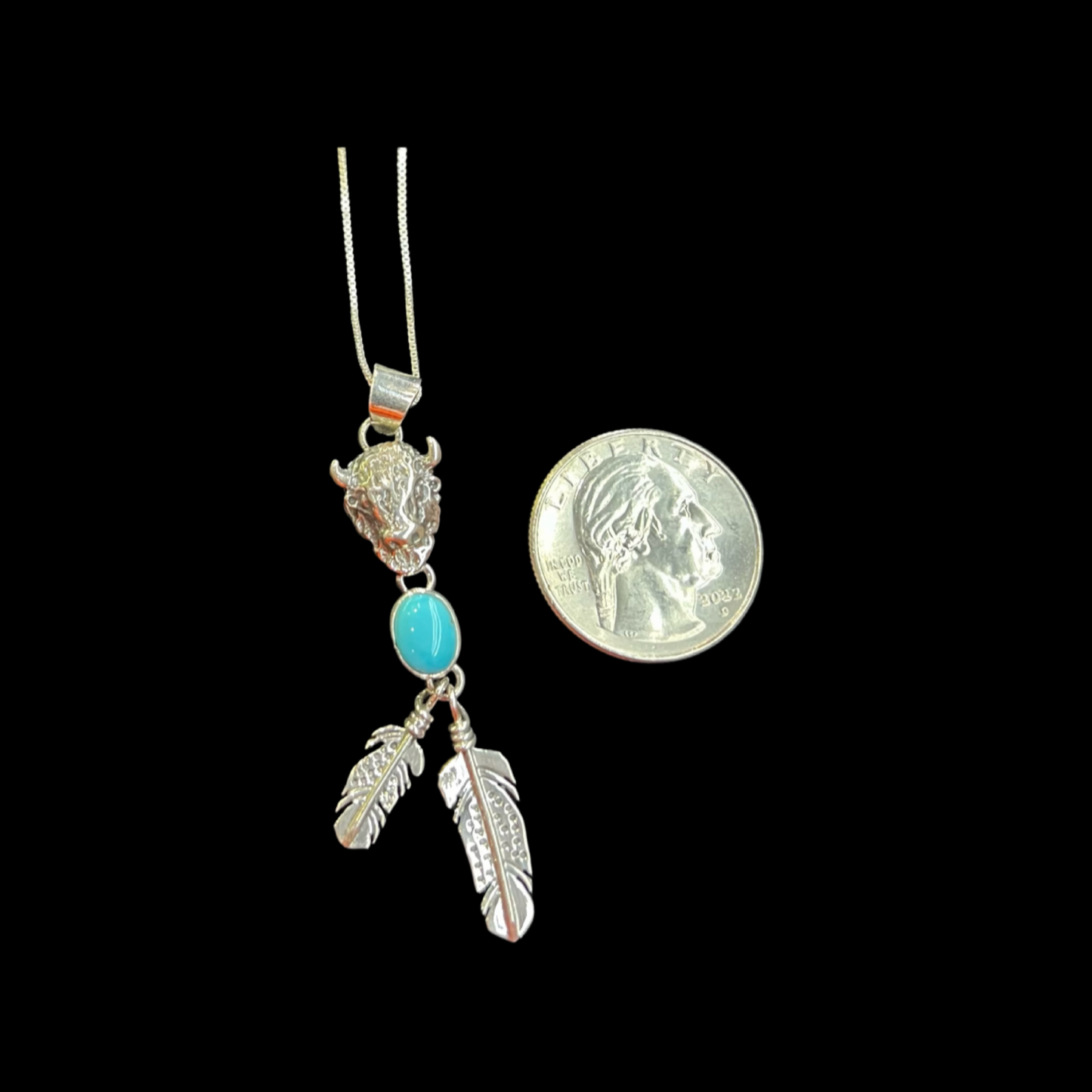 Sleeping Beauty Turquoise Pendant with Feathers and Buffalo Necklace