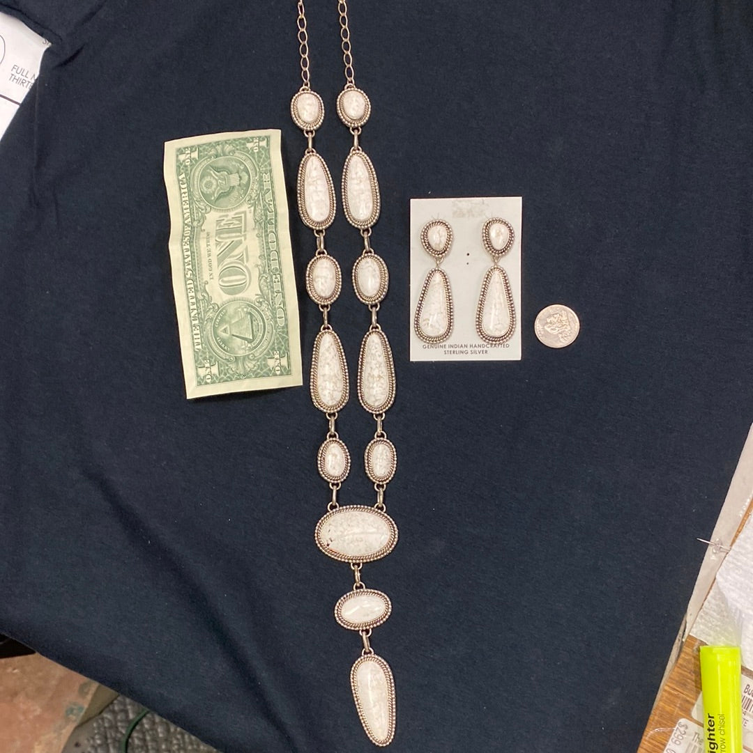 Native American made White Buffalo lariat necklace and Earrings by E. Richard’s