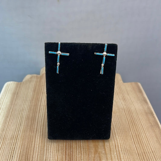 Zuni Needlepoint Sleeping Beauty Turquoise Cross Earrings