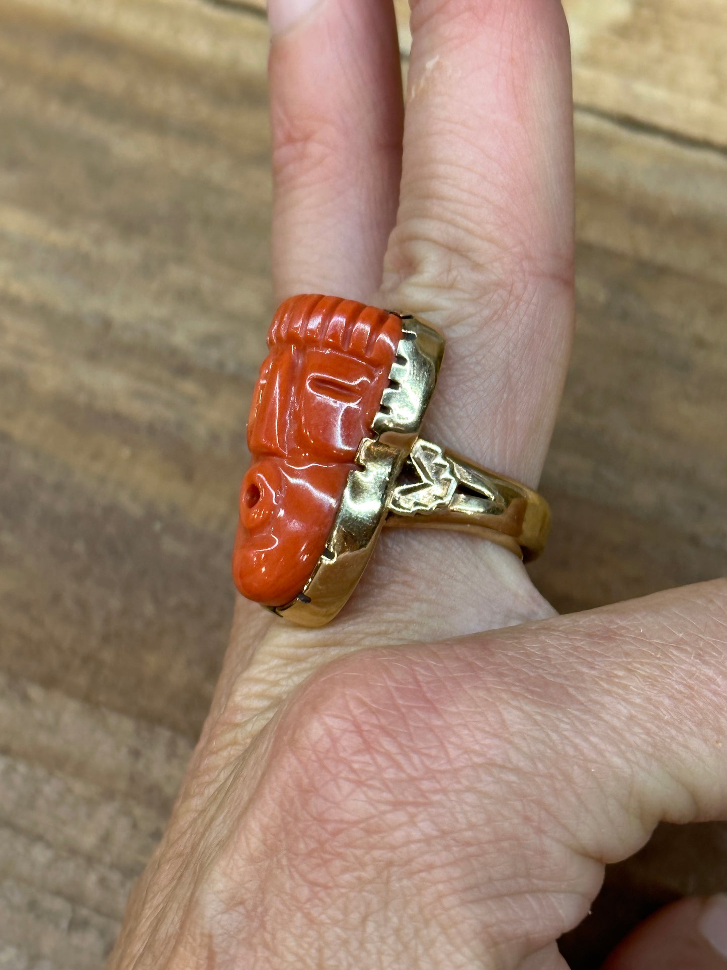 14K Gold Carved Coral Ring by Michael Horse