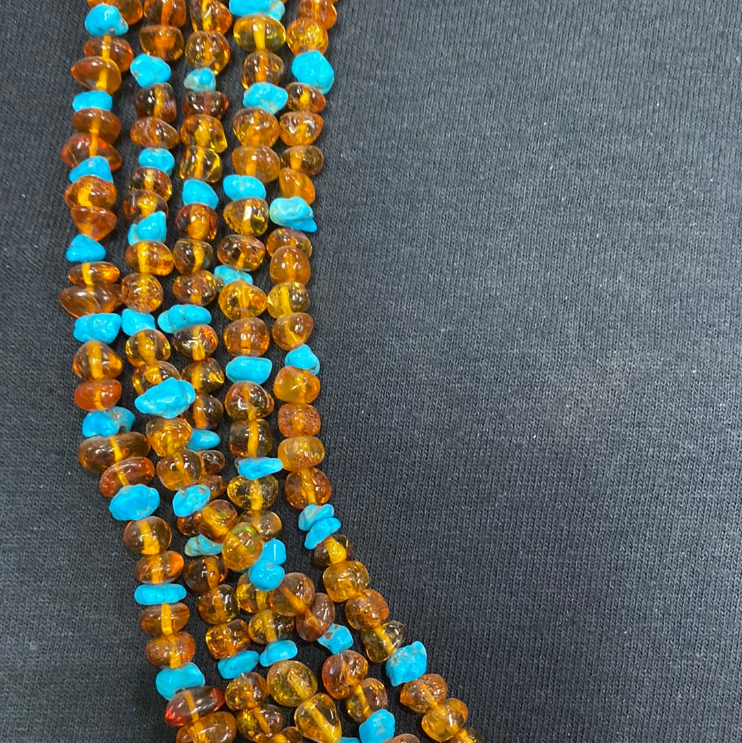 Native American made Amber and Turquoise necklace 28”