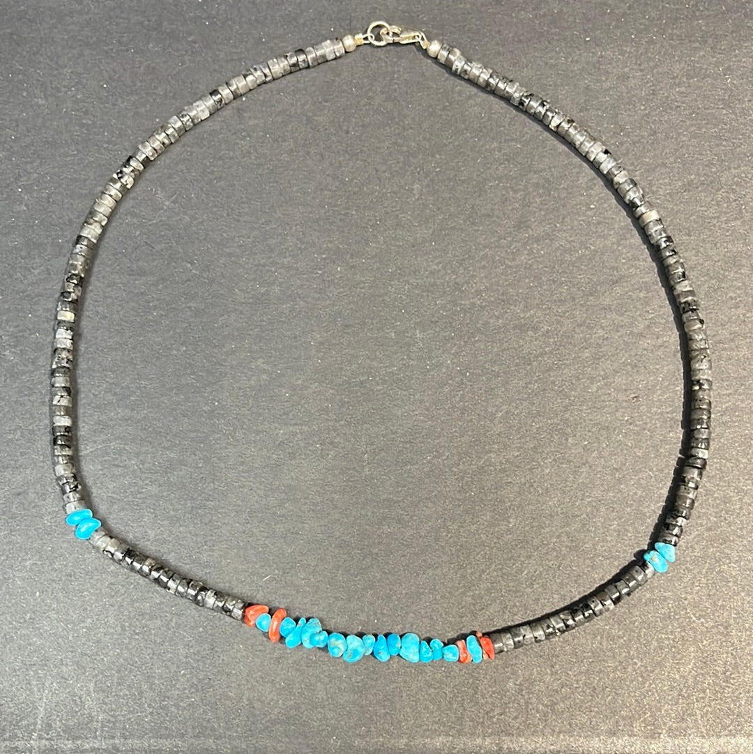 Sleeping Beauty Turquoise, Spiny Oyster, and Black Labradorite 18" Necklace