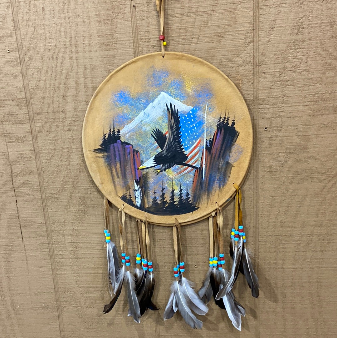 Hand painted leather shield dream catcher 12"