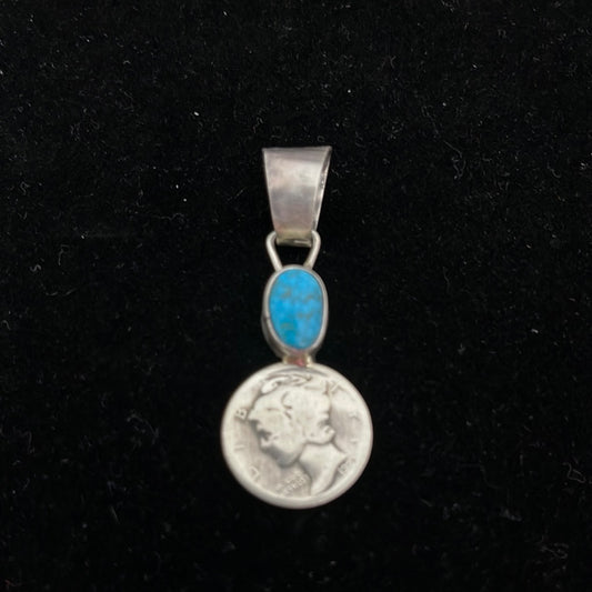 1923 Mercury Dime with Kingman Web Turquoise Pendant