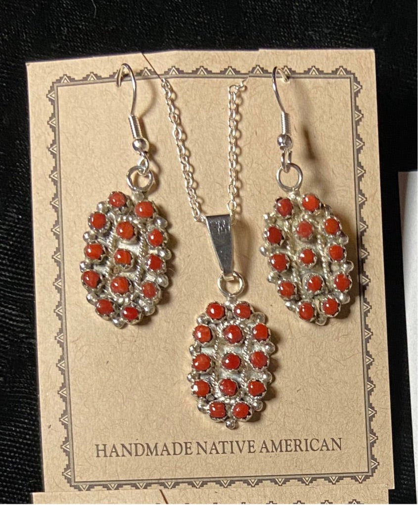 Coral Pedant and Earring with Silver Necklace - Matching Set