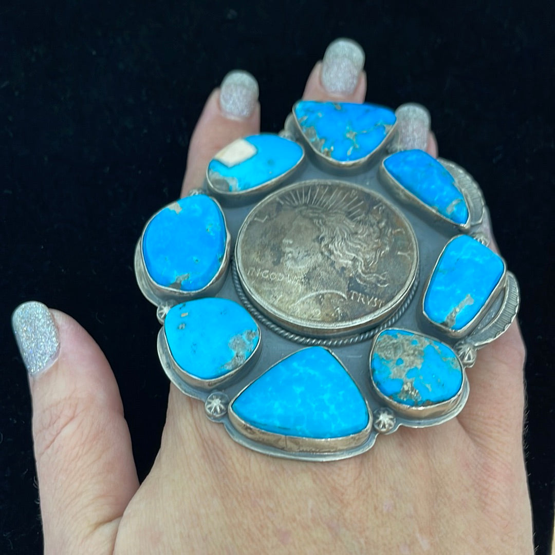 1924 Silver Dollar Coin with Kingman Turquoise Adjustable Ring