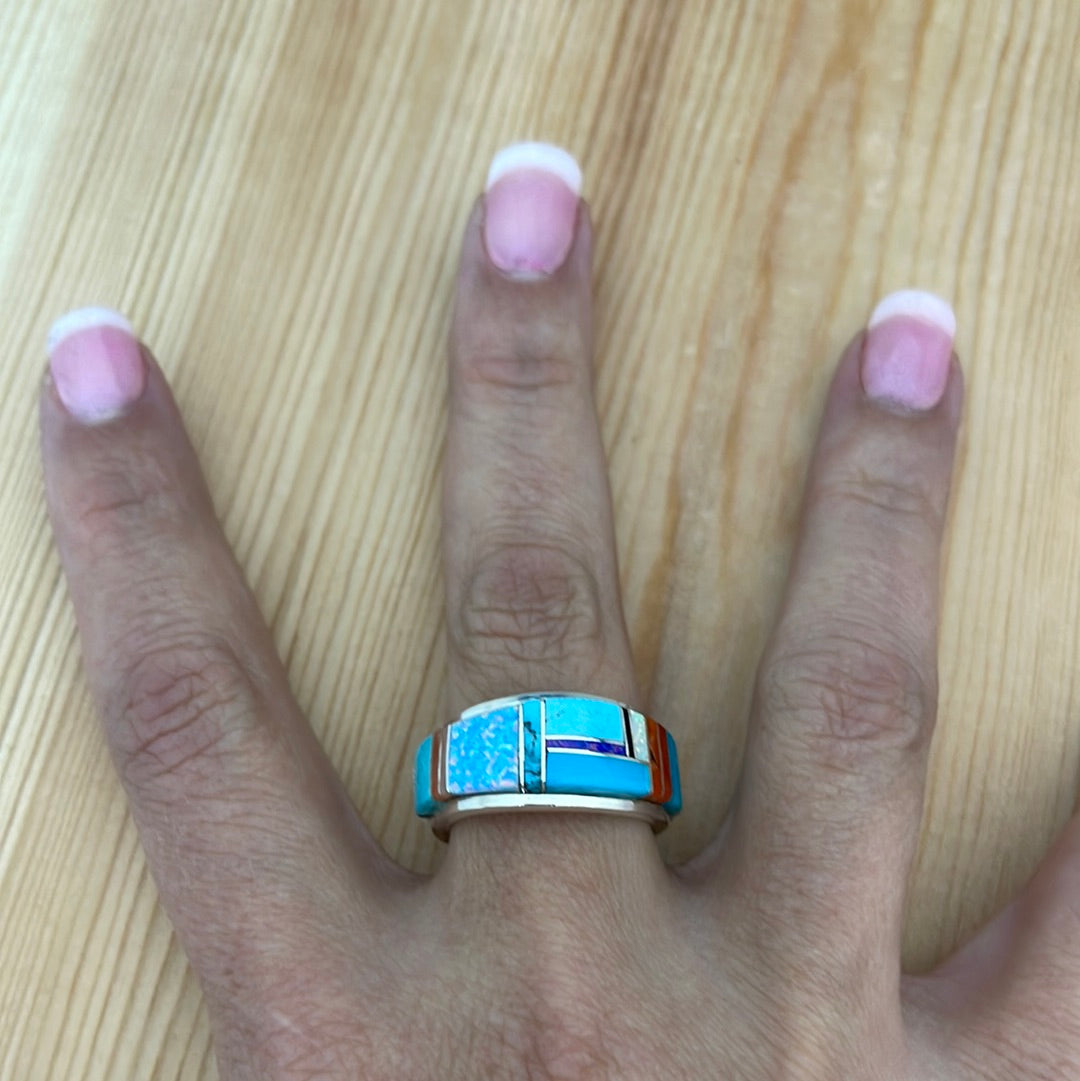 Sleeping Beauty Turquoise, Opal, & Coral Inlay Ring-9.5