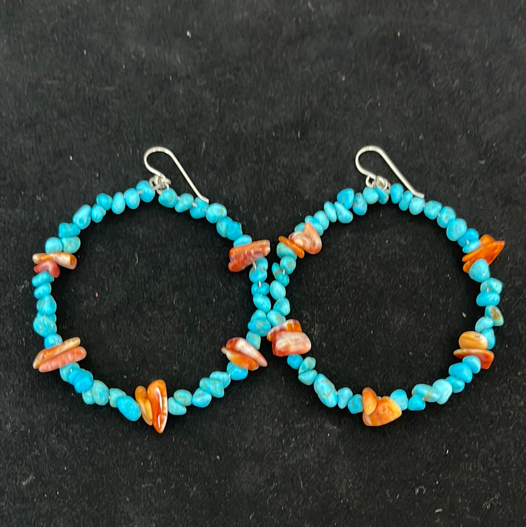 Kingman Turquoise & Spiny Oyster Hoop Earrings